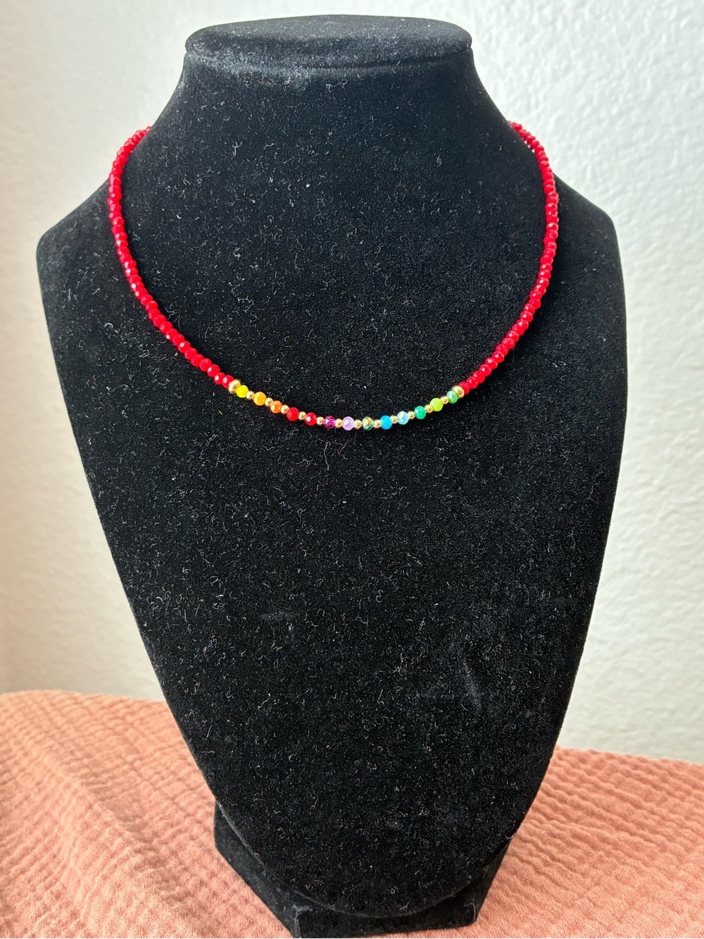 Red Beaded Necklace with Rainbow Accent - 16”-18”
